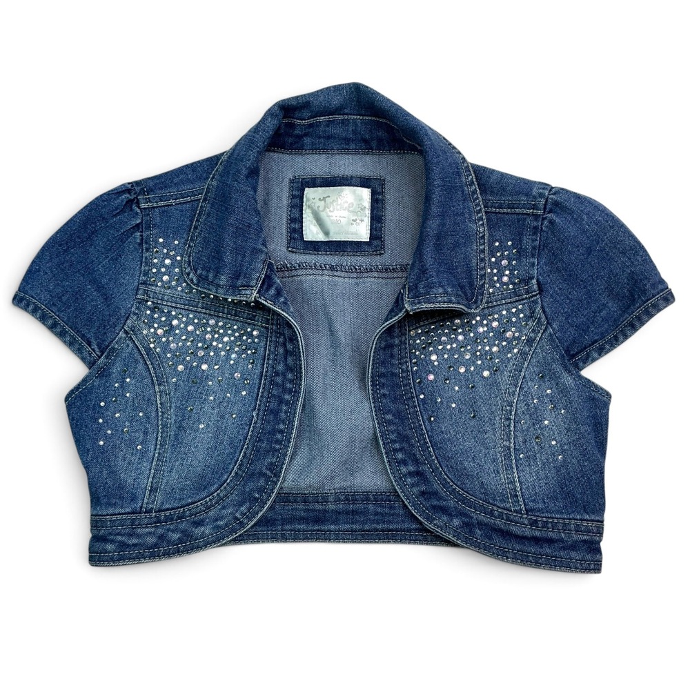 Justice Blue Denim Bolero Shrug Kids 8/10 Rhinestone Embellished Cap Sleeve
